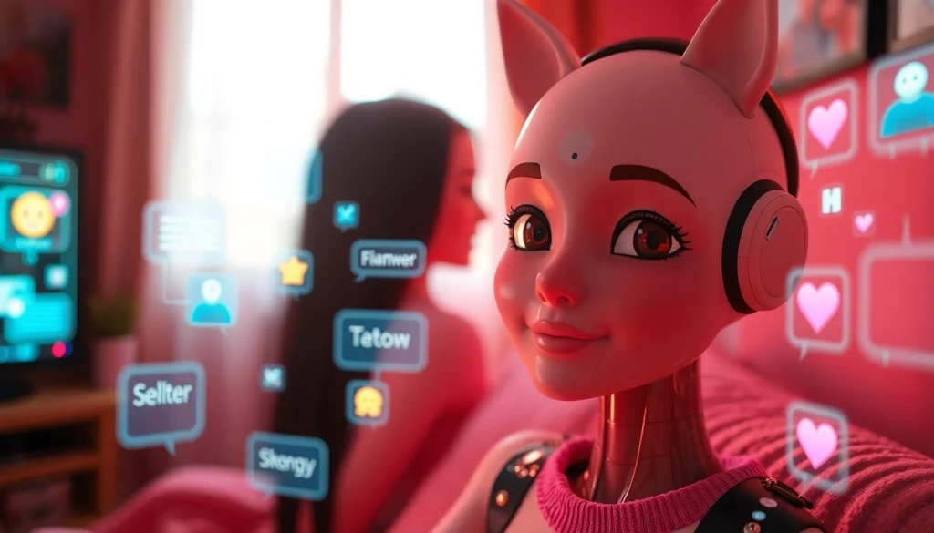 Engaging AI chat porn interaction with a cute digital character in a cozy virtual room.