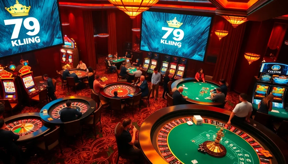 Excited players engaging in thrilling games at 79king's vibrant casino floor, featuring roulette and slot machines.