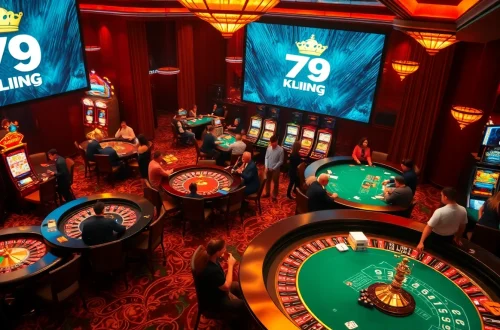 Excited players engaging in thrilling games at 79king's vibrant casino floor, featuring roulette and slot machines.