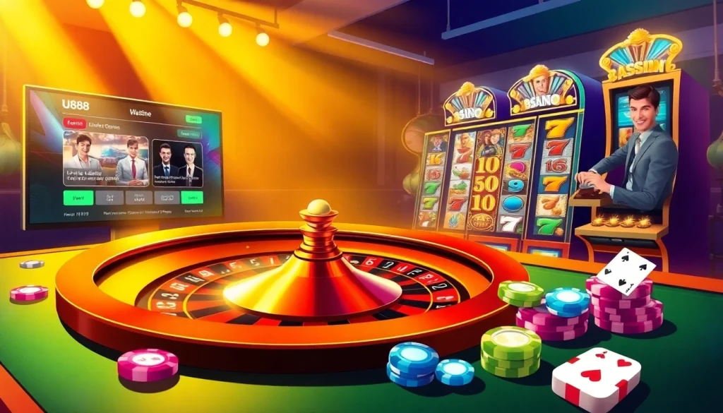 Enjoy the exciting atmosphere of U888 casino with vibrant roulette tables and colorful slot machines showcasing thrilling gambling experiences.