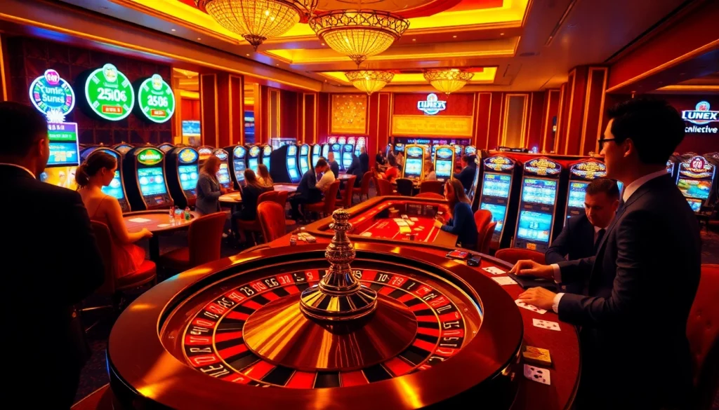 UU88 casino scene with vibrant slot machines and excited players at roulette.
