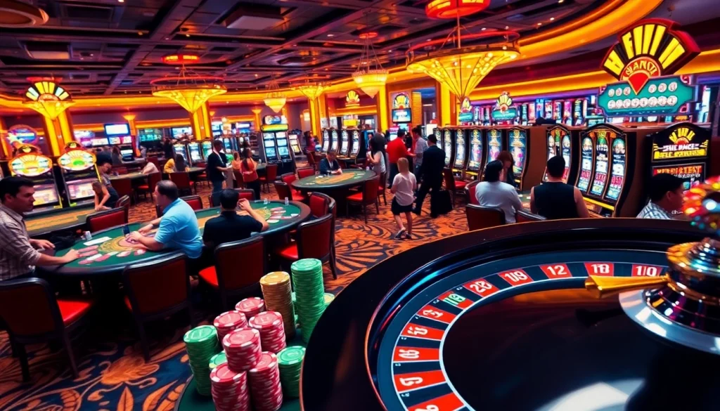 Experience the excitement at KUWIN casino with lively games, poker chips, and slot machines.