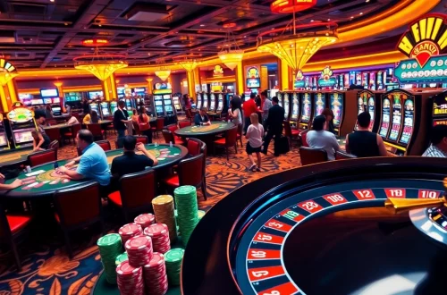 Experience the excitement at KUWIN casino with lively games, poker chips, and slot machines.