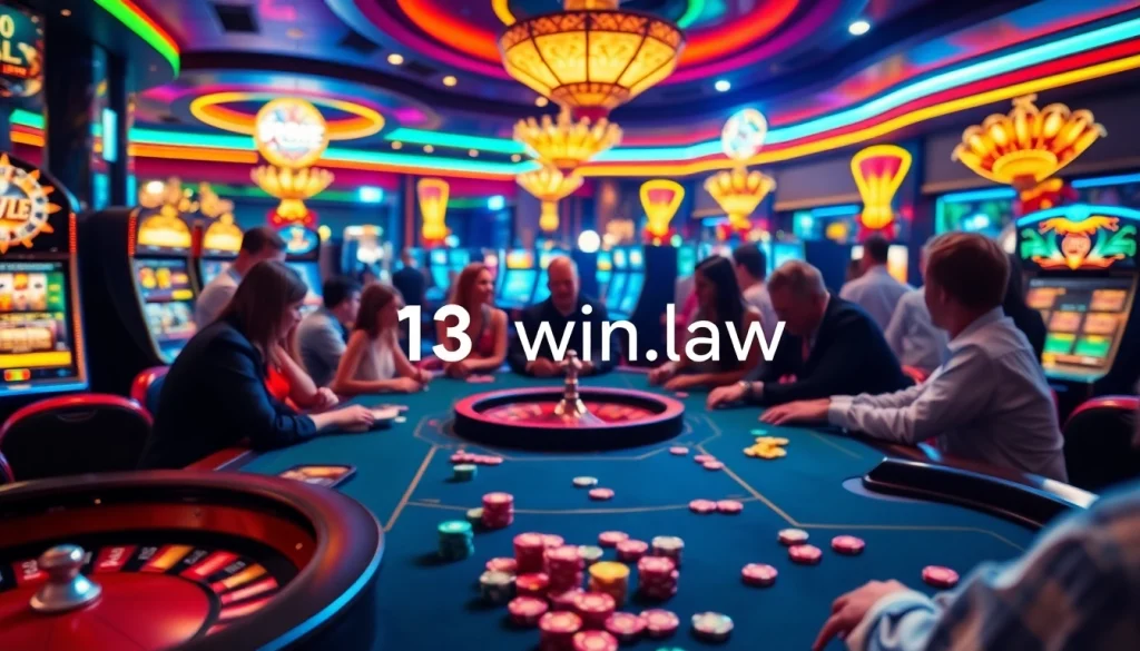 Engaging casino atmosphere showing players at a poker table with the thrilling excitement of gambling at https://13win.law/ featuring vibrant slot machines.