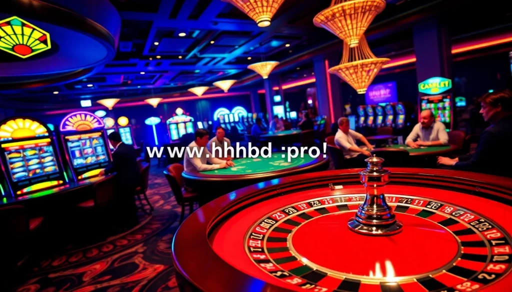 Experience the exhilarating casino atmosphere at https://www.hhbd.pro/, where players engage around roulette and poker tables filled with excitement.