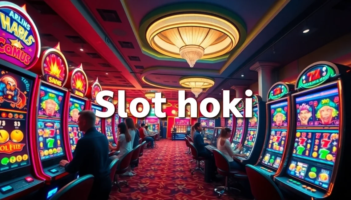 Exciting scene of players enjoying slot hoki machines in a vibrant casino.
