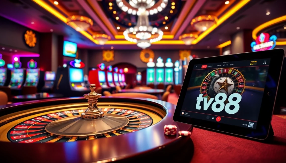 Engaging scene of luxury gambling with tv88 branding, featuring roulette and poker elements.