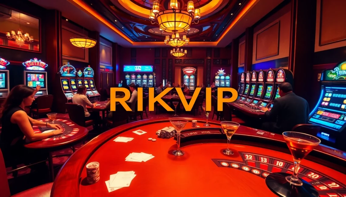RIKVIP offers an unparalleled casino experience, showcasing vibrant games with players engaging intensely at poker tables.