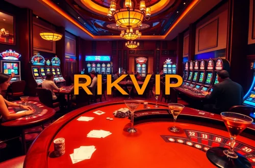 RIKVIP offers an unparalleled casino experience, showcasing vibrant games with players engaging intensely at poker tables.