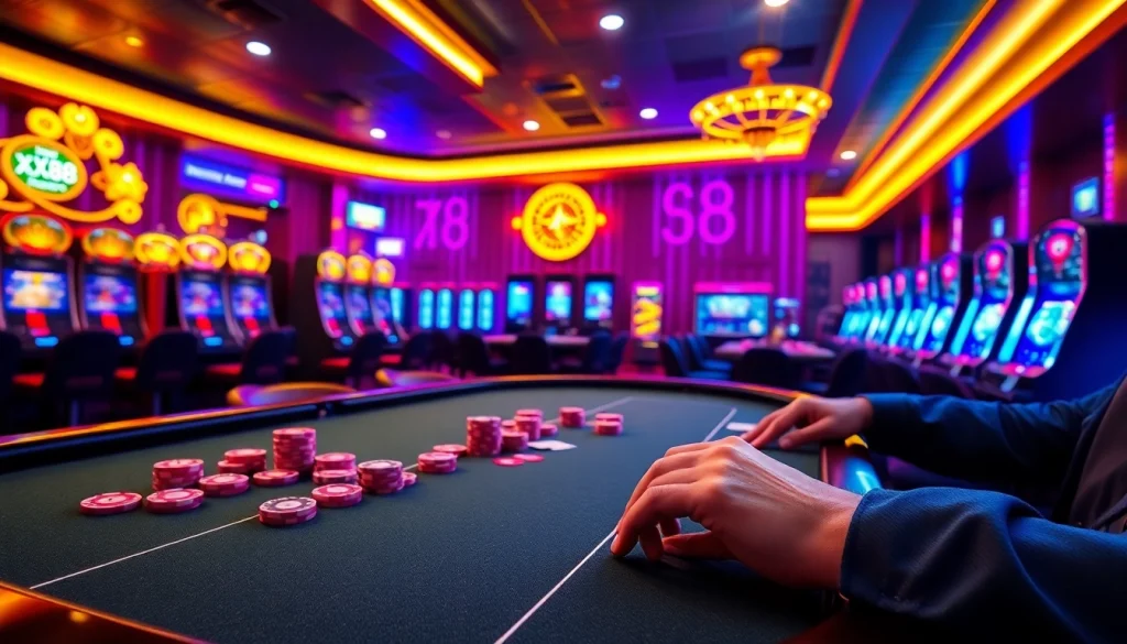 Experience the thrill of poker in the vibrant casino featuring XX88, chips, and cards.