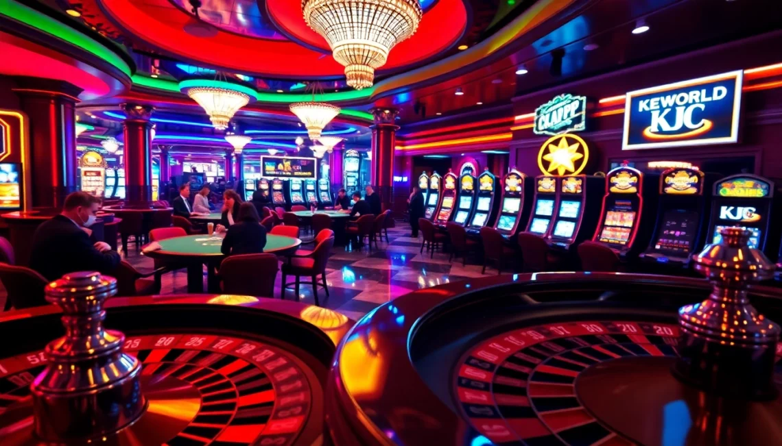 KJC casino excitement with players at a poker table surrounded by slots and roulette.