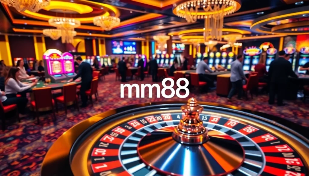 Experience the excitement of MM88 with players at roulette and slot machines, showcasing vibrant casino action.