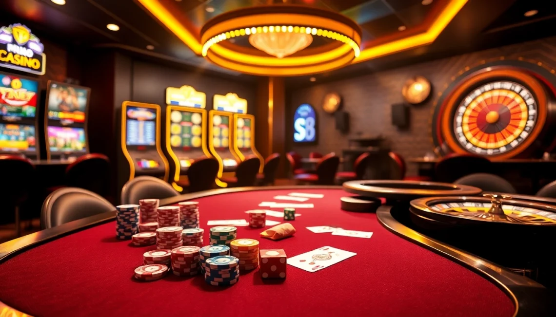 Experience high-stakes poker action at S8's luxurious casino, featuring vibrant chips and cards.