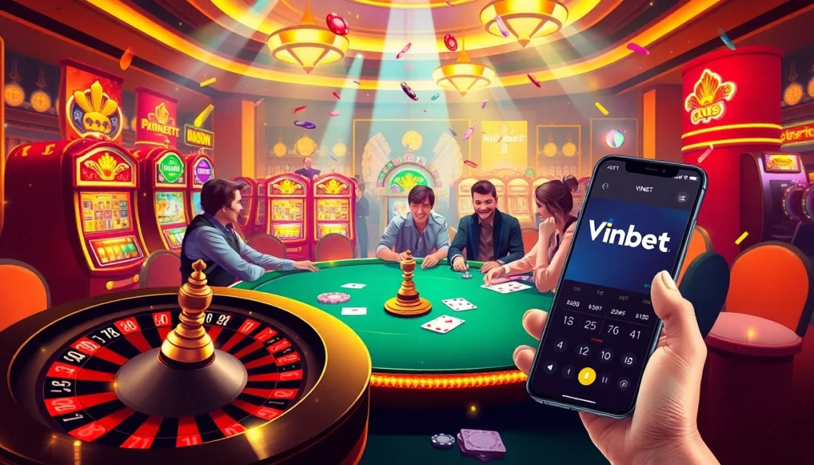 Vinbet offers a thrilling casino experience with players engaged in poker surrounded by vibrant slots.