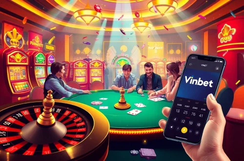 Vinbet offers a thrilling casino experience with players engaged in poker surrounded by vibrant slots.