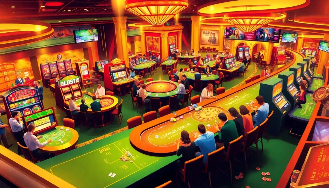 A lively casino setting where players enjoy blackjack and roulette at 888new, showcasing vibrant poker chips and slot machines.