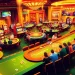 A lively casino setting where players enjoy blackjack and roulette at 888new, showcasing vibrant poker chips and slot machines.