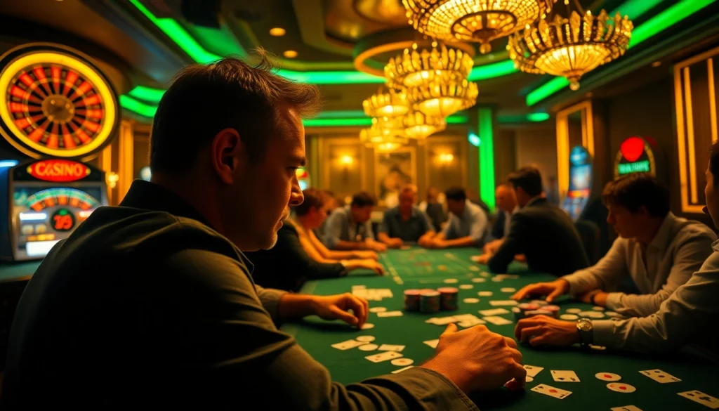 GGSS Casino showcases a lively poker game with focused players and colorful chips, capturing the excitement of gambling.