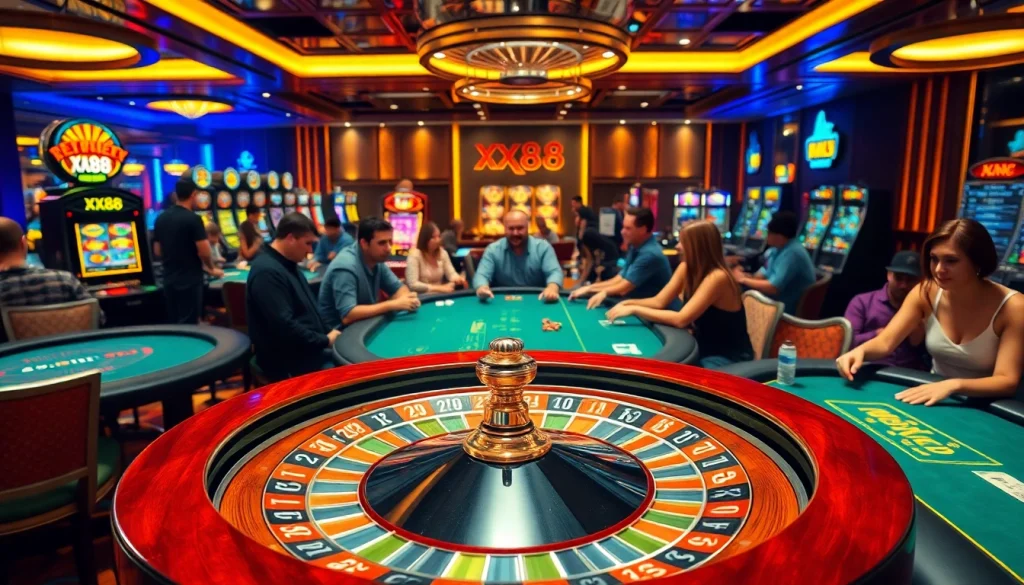 Experience the excitement of XX88 at a vibrant casino scene with busy gaming tables and colorful slot machines.