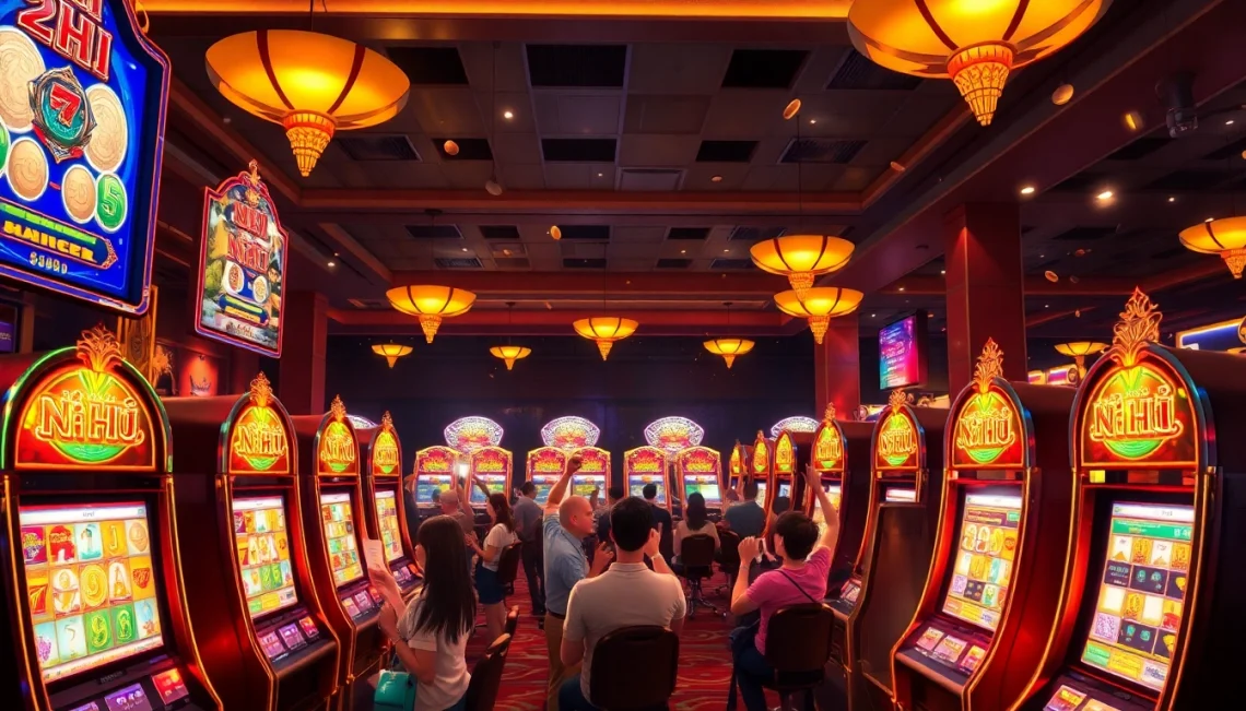 Nổ Hũ slot machines spark excitement as players cheer and celebrate big wins in a lively casino atmosphere.