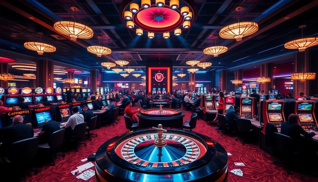 Experience the thrill of gambling at vaobet with energetic players around a roulette wheel and poker tables.