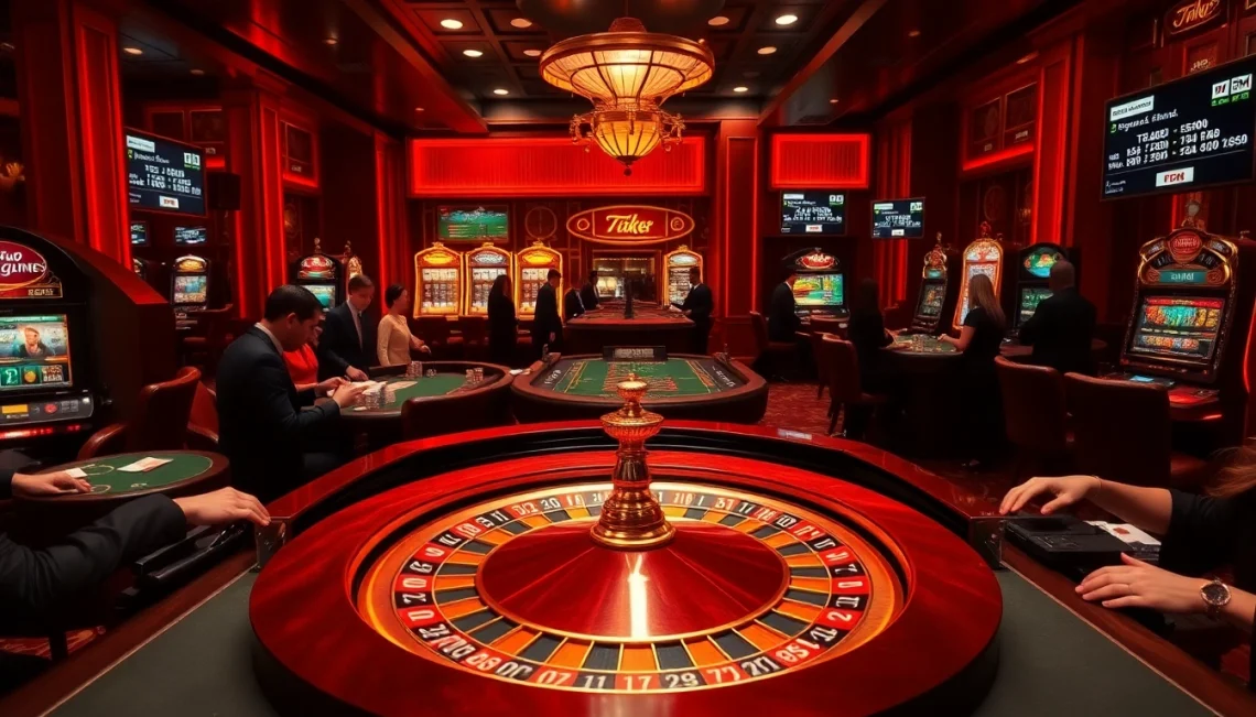 Exciting roulette table at a lavish casino setting showing tỷ số trực tuyến 7M on screens, capturing high-stakes gambling action.