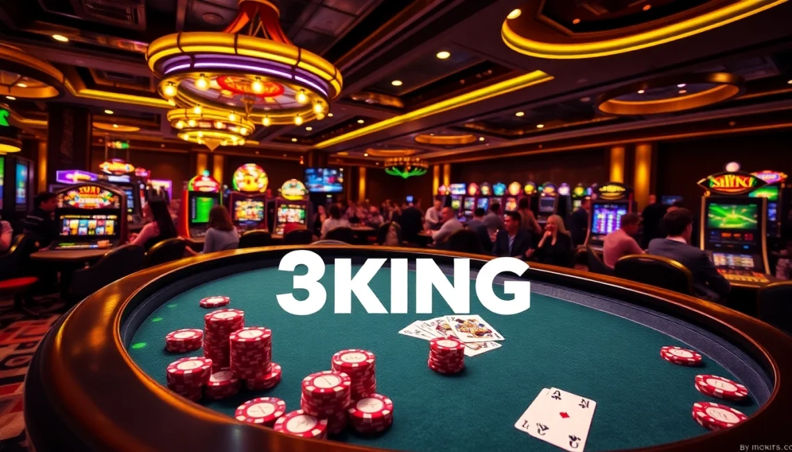 3KING poker table featuring vibrant chips and cards surrounded by excited players in a luxurious casino setting.