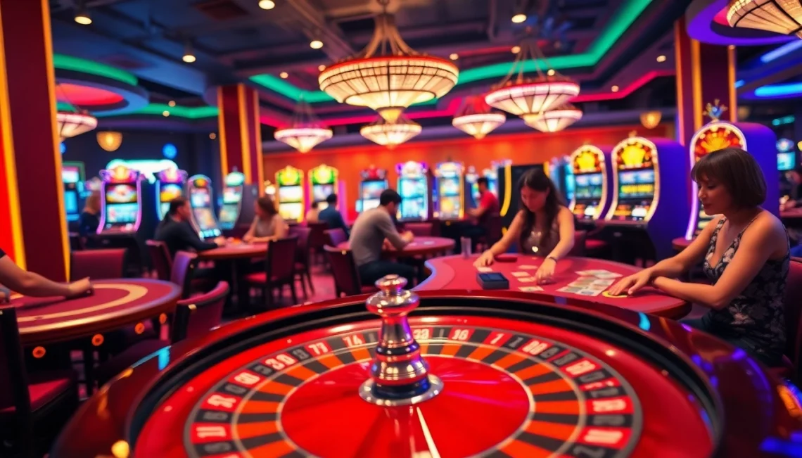 A lively casino scene at https://bl555s.it.com/ showcasing players engaged in poker, a roulette wheel, and vibrant slot machines.