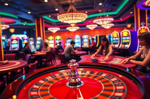 A lively casino scene at https://bl555s.it.com/ showcasing players engaged in poker, a roulette wheel, and vibrant slot machines.