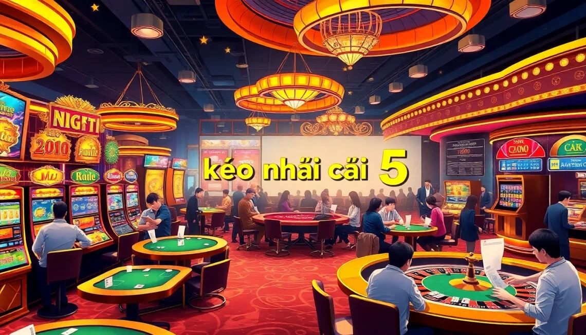 Engaged players enjoying kèo nhà cái 5 at the vibrant casino with slot machines and poker tables.