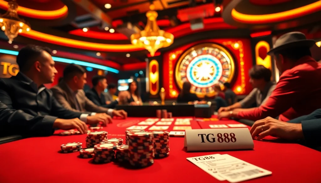 TG88 poker table with players engaged in a high-stakes game, showcasing excitement and luxury in a casino atmosphere.