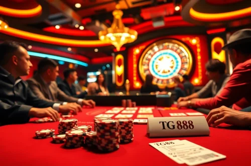 TG88 poker table with players engaged in a high-stakes game, showcasing excitement and luxury in a casino atmosphere.